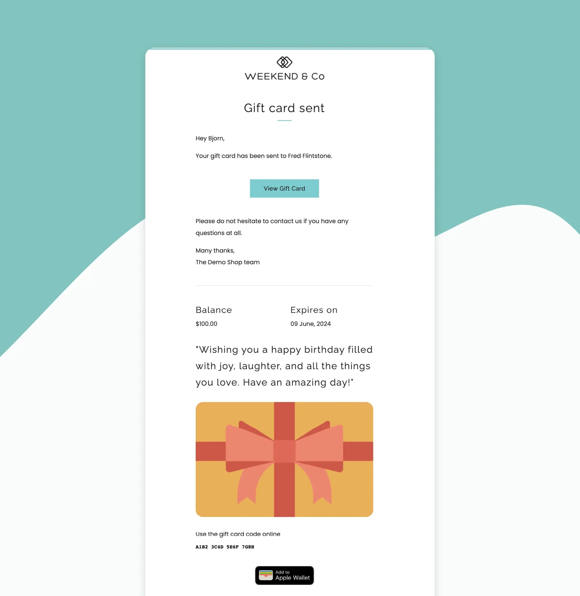 Shopify Gift card confirmation email template added to OrderlyEmails FORSBERG+two