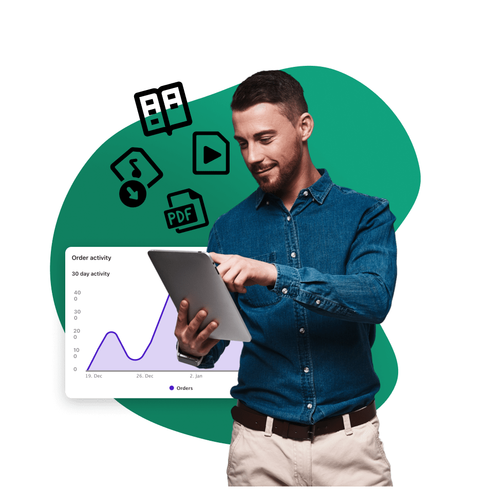 man holding electronic tablet and touching the screen, graph in background of image indicating an upward trend.