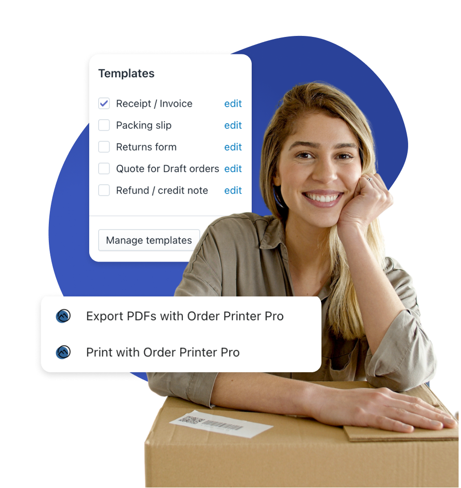 Woman smiling and leaning on a cardboard box. With illustrations of Order Printer Pro screenshot features overlaid.