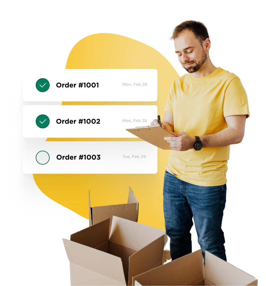 Man holding clipboard stood with open boxes at his feet. Illustrations of 3 order numbers 2 with green ticks in back ground.