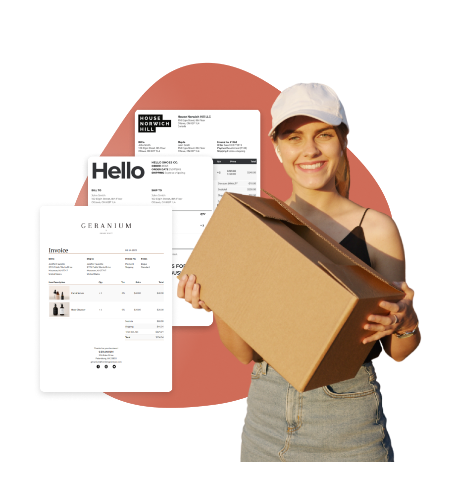 Woman holding cardboard box. 3 smart phone screen shots of  showing online shopping order invoices generated by Order Printer Templates app in background to left of woman. 
