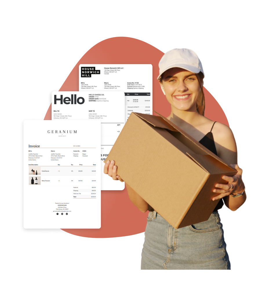 Woman holding cardboard box. 3 smart phone screen shots of showing online shopping order invoices generated by Order Printer Templates app in background to left of woman.