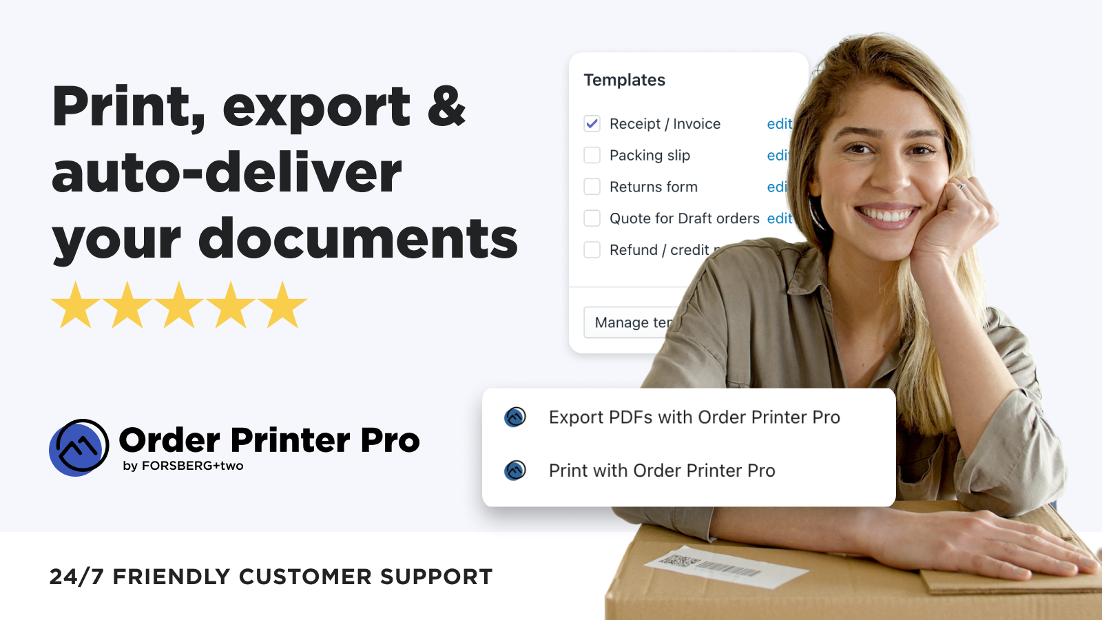 Order Printer Pro hero app store image, Woman resting her head on her hand. Screenshots of the app next to her