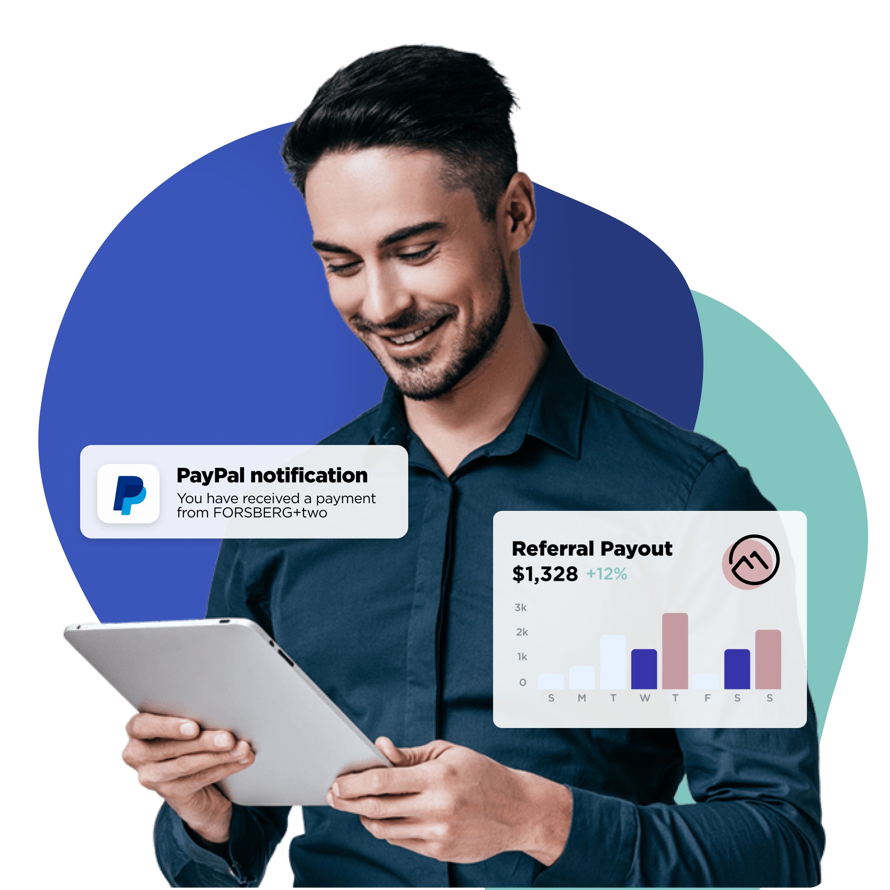 Man looking at tablet and smiling