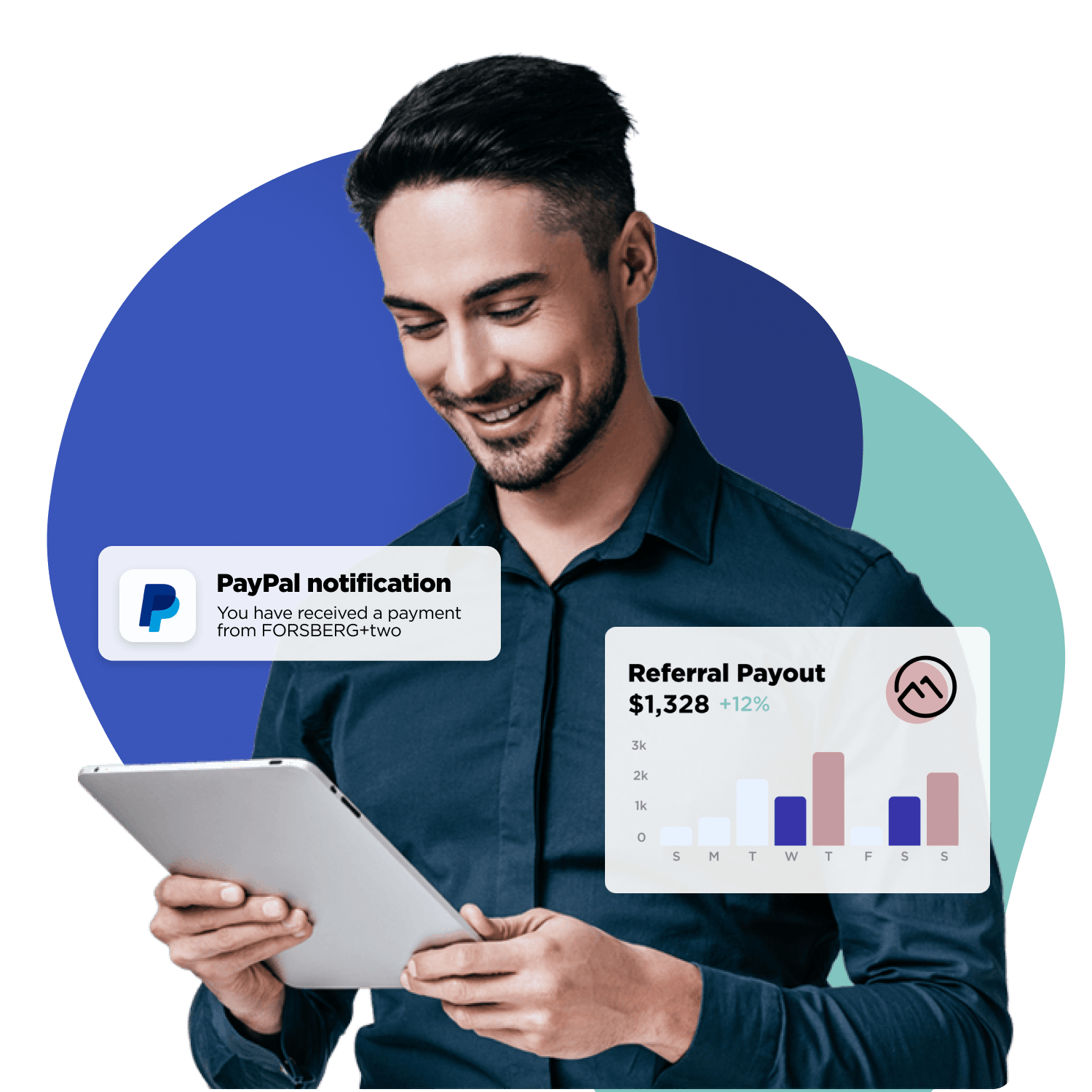 Man with tablet smiling. Two elements in the front showing a paypal icon and a graph going up