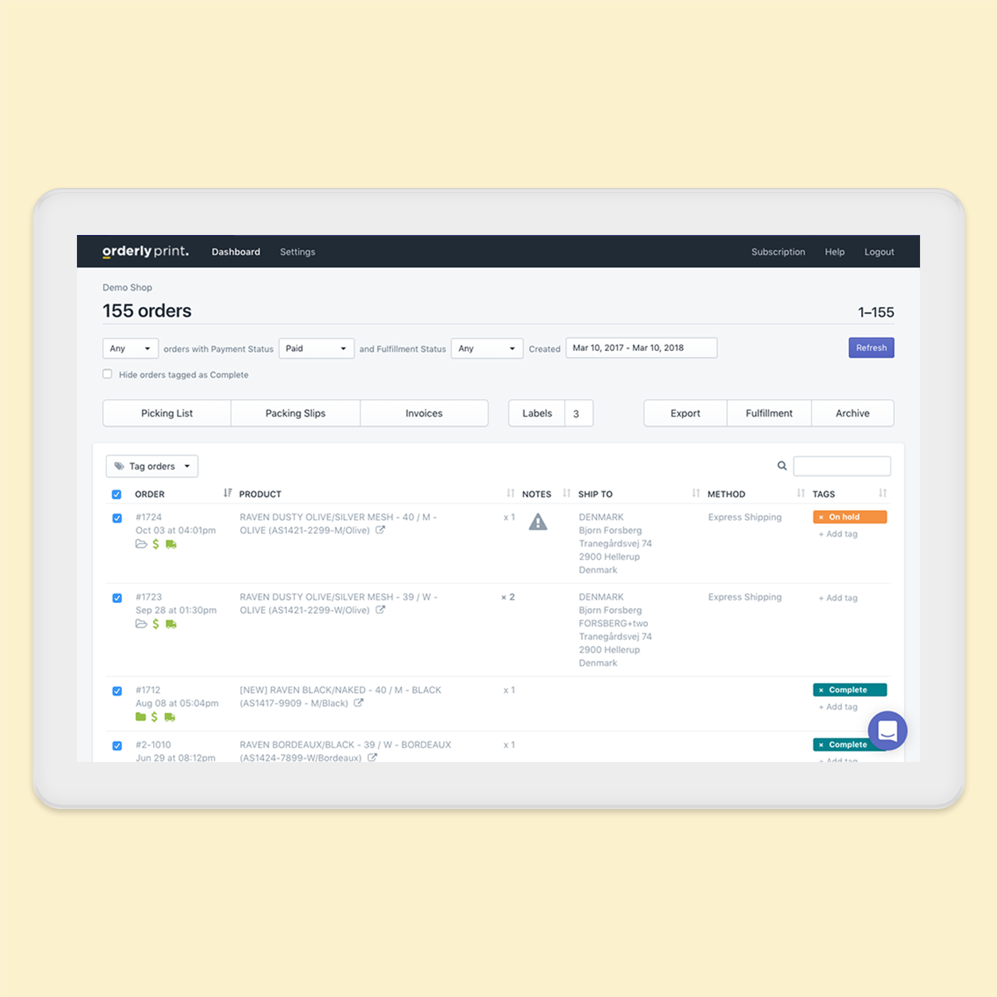 OrderlyPrint screenshot showing the dashboard and selected orders