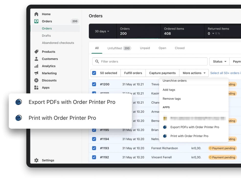 Order Printer Pro screenshot of tablet with the Export and print with Order Printer Pro highlighted