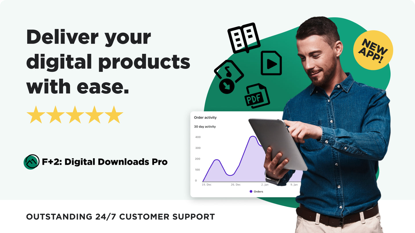 Man holding ipad. Digital downloads pro. Deliver your digital products with ease