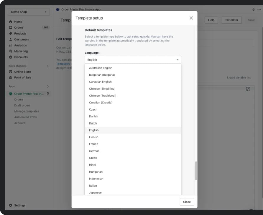 Order Printer Pro dashboard showing Template setup language features.