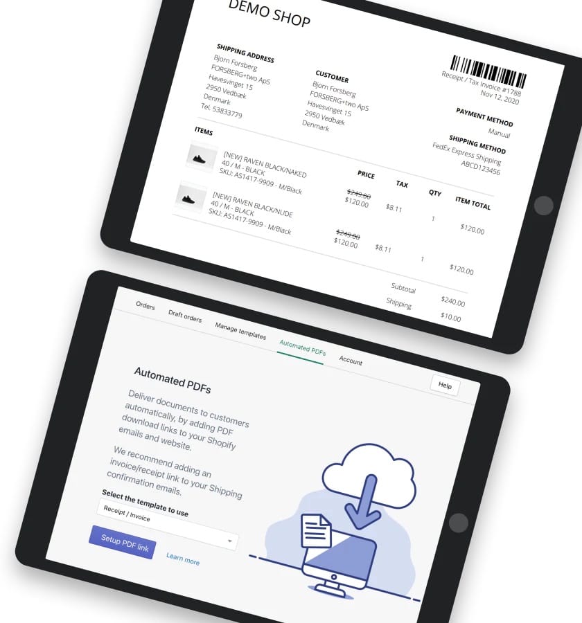 Order Printer Pro shown on two iPads showing the automated pdfs function 