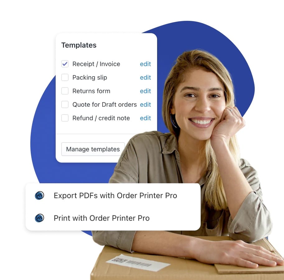 Woman smiling and leaning on a cardboard box. With illustrations of Order Printer Pro screenshot features overlaid. 