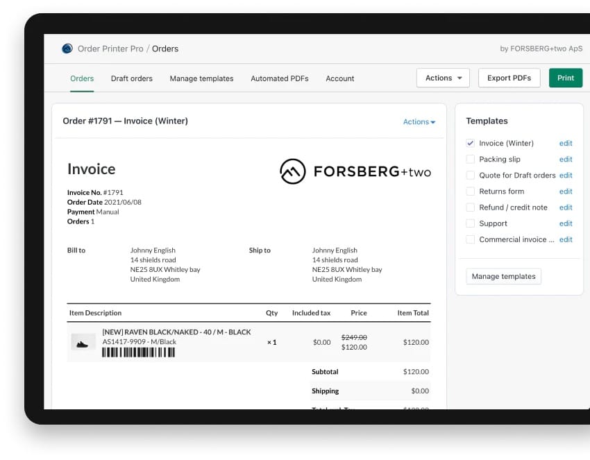 Order Printer Pro showing a tablet lying horisontal with the dashboard and the order section