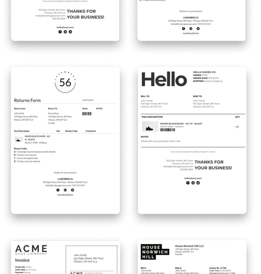 Order Printer Templates showing multiple designs. Templates with black and white logos and different layouts