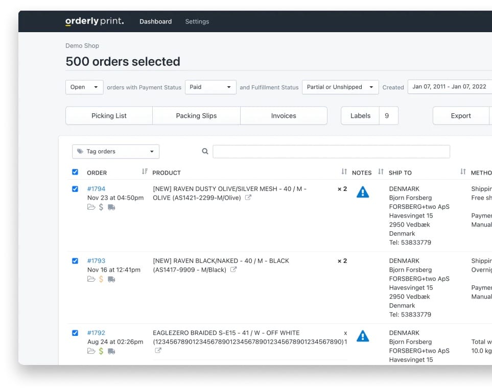 OrderlyPrint dashboard showing ll orders selected