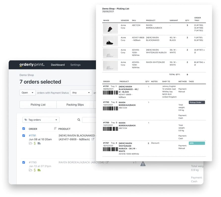 OrderlyPrint dashboard showing a picking list function