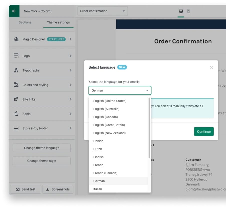 OrderlyEmails showing how to select the different languages