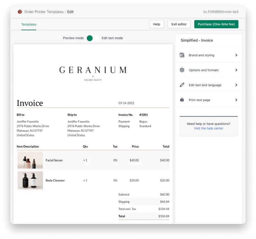 Order Printer Templates showing the template in the preview mode